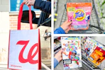 collage with Walgreens pickup bag, tide pods, and general mills cereal