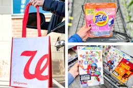 collage with Walgreens pickup bag, tide pods, and general mills cereal