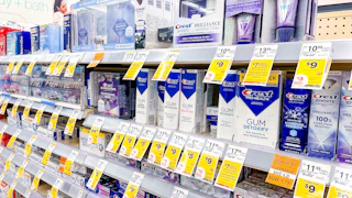 area shot of oral care aisle clearance in walgreens