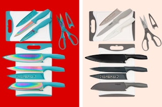 Iridescent and multicolored Cuisinart knife and cutting board sets on a red and cream collage background. 