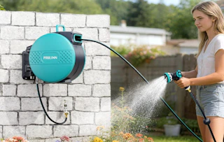 a person using a retractable garden hose on flowers