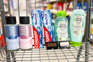 shopping cart with love beauty and planet, colgate, maybelline, garnier
