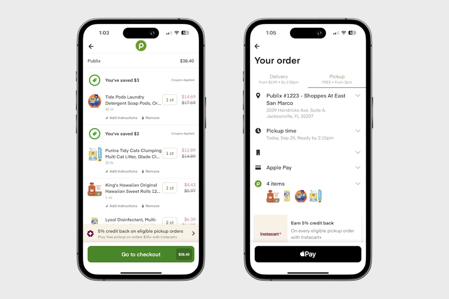 two phones showing the cart with applied coupons and the checkout page in the Publix Delivery app