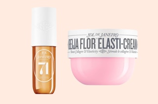 a bottle of body spray and a pink jar