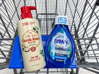 Old Spice Gentleman's Blend Body Wash and Dawn Powerwash in Walmart shopping cart