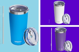 UIRZOTN Travel Coffee Tumblers 20oz on a blue and purple background.
