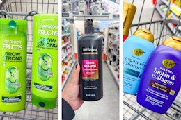collage image of garnier, tresemme, and ogx shampoo