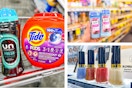 collage image of tide pods, downy beads, revlon nail polish, and suave deodorant