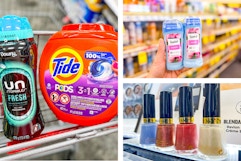 collage image of tide pods, downy beads, revlon nail polish, and suave deodorant