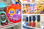 collage image of tide pods, downy beads, revlon nail polish, and suave deodorant