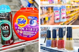 collage image of tide pods, downy beads, revlon nail polish, and suave deodorant