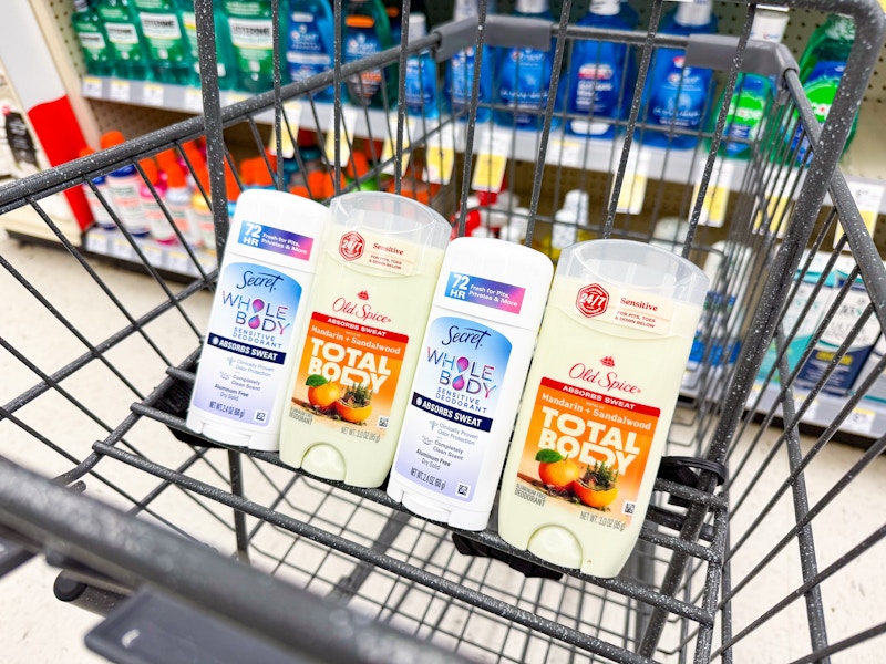 old spice and secret deodorants in a cart