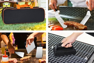 4 lifestyle images of the Mibote Grill Kit being used in various ways (one image of storage bag)