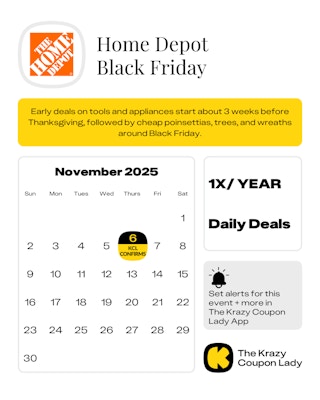 calendar graphic of home depot black friday 2025