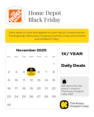 calendar graphic of home depot black friday 2025