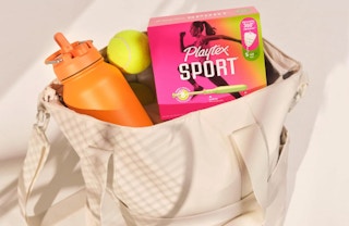 a box of tampons in a gym bag