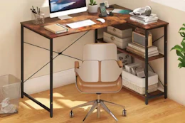 Lifestyle image of L-shaped computer desk in room setting