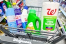 cart full of walgreens brand cleaning supplies