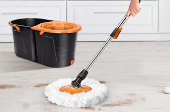 a spin mop and bucket on a hardwood floor