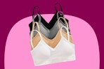 Four seamless padded bralettes stretchy nylon white beige grey and black