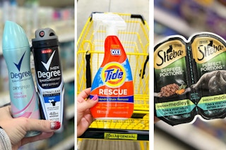 degree dry spray deodorant, tide rescue, sheba cat food 3-photo collage