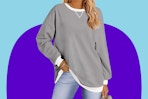 Close up shot of model wearing a gray colorblock sweatshirt from Fantaslook (Walmart Flash Deal)