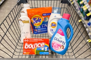 walgreens cart with tide, olay, bounce, and downy