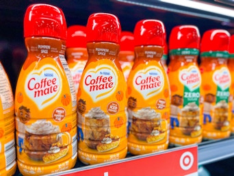 Coffee mate pumpkin spice creamer on fridge shelf in store