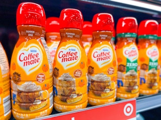 Coffee mate pumpkin spice creamer on fridge shelf in store