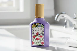 Gucci Flora Gorgeous Magnolia bottle on bathroom counter