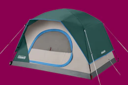 coleman tent on a dark pink background