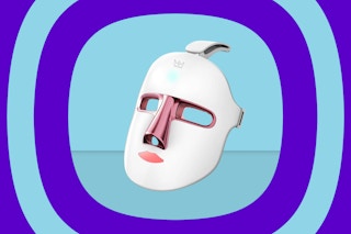 LED face mask on a light blue and purple background