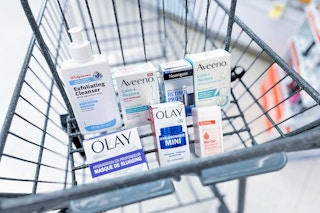 skincare items in a cart