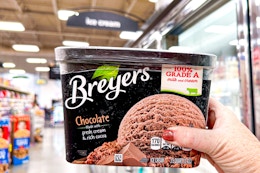 hand holding a tub of breyers ice cream