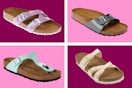 Four Birkenstock women's sandals on a maroon and pink collage background. 