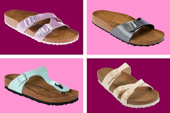 Four Birkenstock women's sandals on a maroon and pink collage background. 