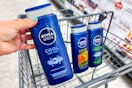 hand holding nivea body wash over a shopping cart