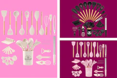 3 astercook silicone cooking utensil sets side by side