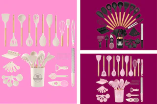 3 astercook silicone cooking utensil sets side by side