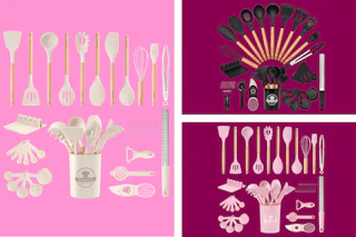 3 astercook silicone cooking utensil sets side by side