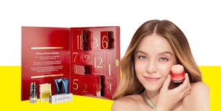 a woman with a red beauty box