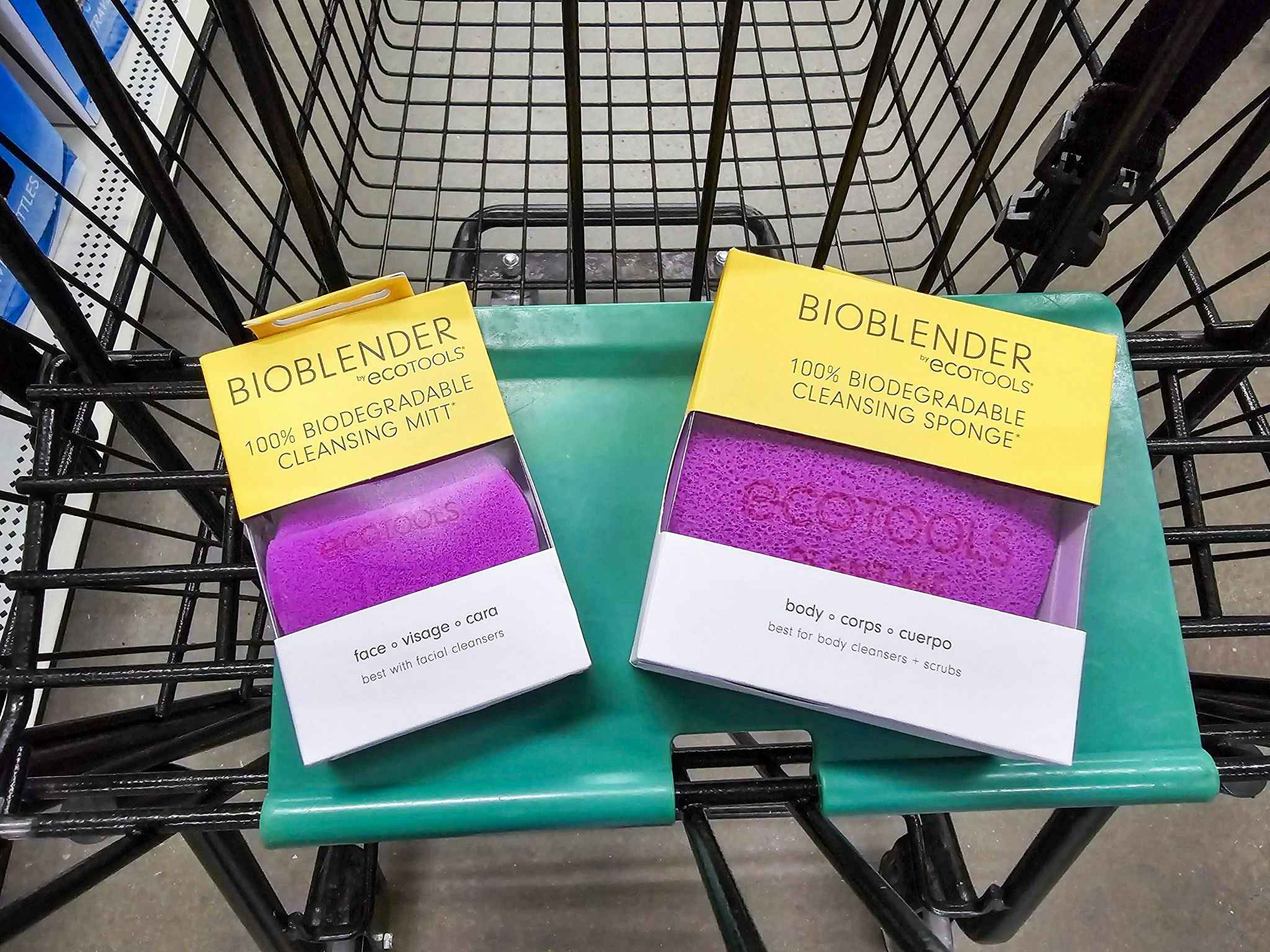 beauty cleansing sponge and cleansing mitt in a shopping cart