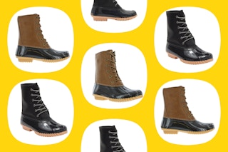 A collage of black and brown women's duck boots on a yellow background