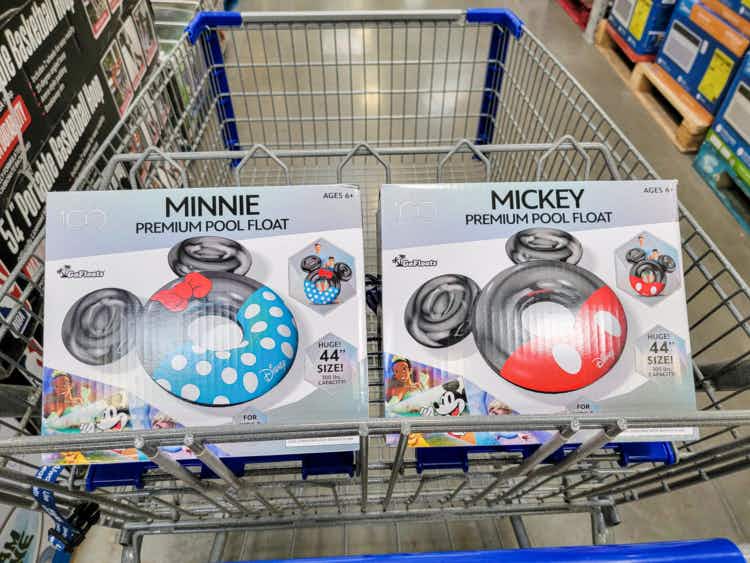 minnie and mickey pool floats in a cart