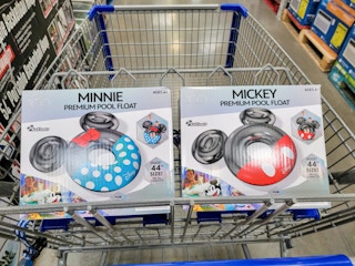 minnie and mickey pool floats in a cart