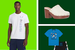 Messi men's tee, women's clog heels, and Reebok kids' outfit