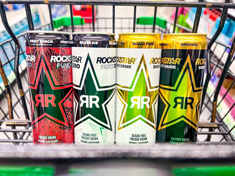 4 rockstar energy drinks in a cart