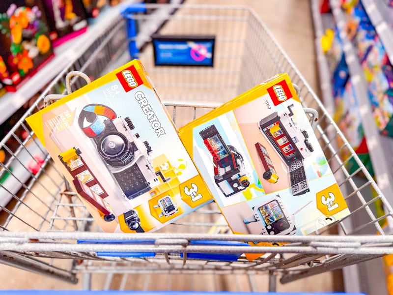 two lego retro cameras in a walmart cart