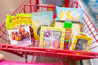 trader joe's groceries in a shopping cart