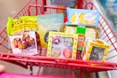 trader joe's groceries in a shopping cart